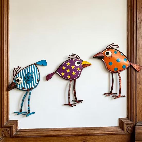 3Pcs Wooden Birds Wall Art Decor, Colorful Bird Wall Hangings, Funny Bird Wall Sculpture with Polka Dot Star Pattern Leaf Design for Farmhouse