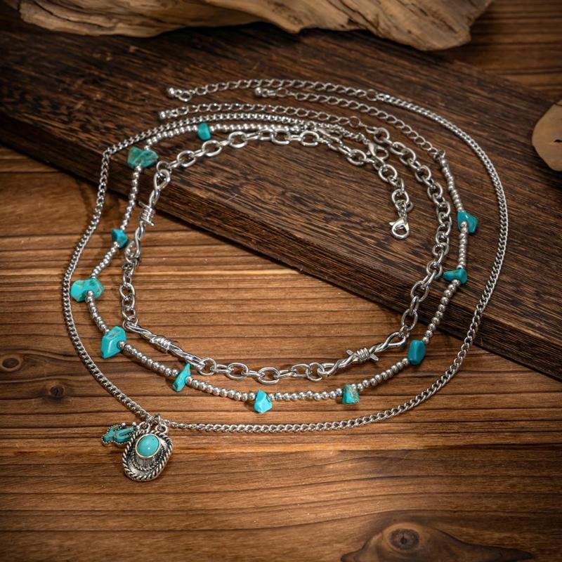 Pack of 3 Bohemian Turquoise Chokers Necklace Featuring Cactus Pendant Portable for Women Seek Western Styles Daily Use