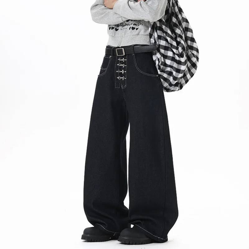 BeatStreet Korean Style Men and Women Jeans Solid Color Metal Buckle Casual Streetwear Straight Wide Leg Loose  Denim Pants Fashion