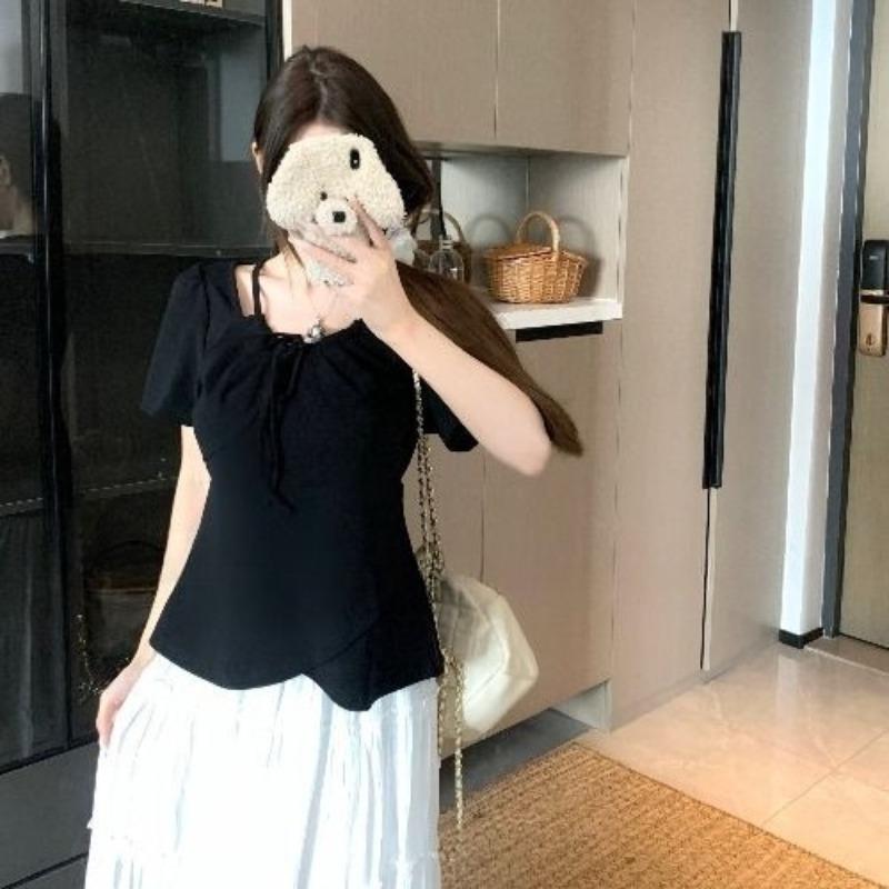

Solid Color Women s Short Sleeved T-shirt Fashionable Lace Up Short Sleeved Tops Irregular Hollow Design Ladies Clothing S чорний