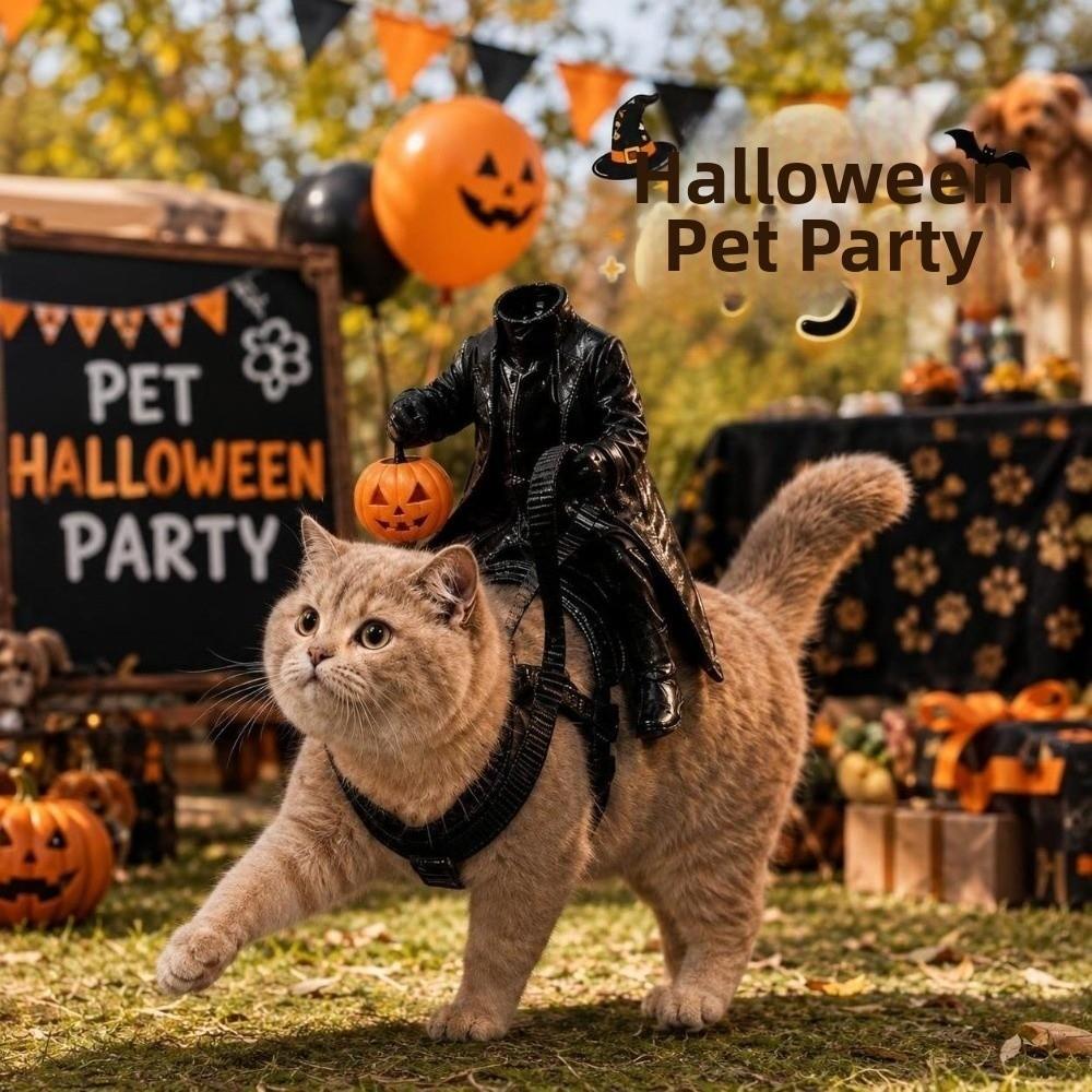 Creative Halloween Pet Costume Pumpkin Cat Saddle Costume Cat Rider Costume Festival Outfits