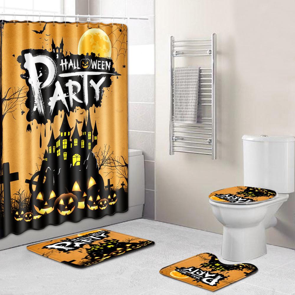 Halloween Shower Curtain Floor Mat Combination Four-Piece Set Bathroom Toilet Carpet Shower Room Foot Door Mat