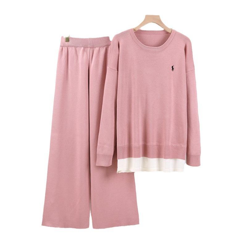 Autumn Women's Plus Size Fashion Casual Set Round Neck Loose Sweatshirt Wide Leg Pants Suit