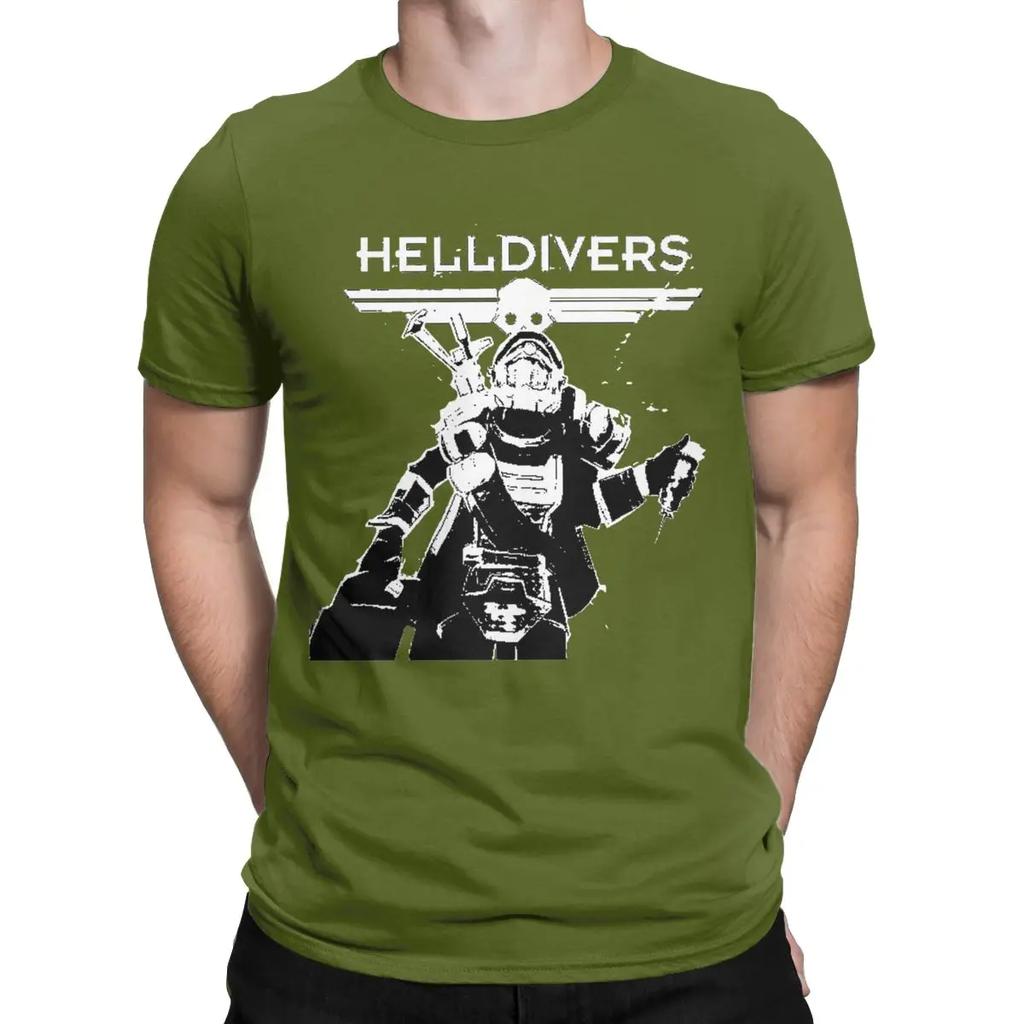Helldivers Scifi Video Game T-Shirt Men Cool Pure Cotton Tee Shirt Crewneck Short Sleeve T Shirt Plus Size Clothing