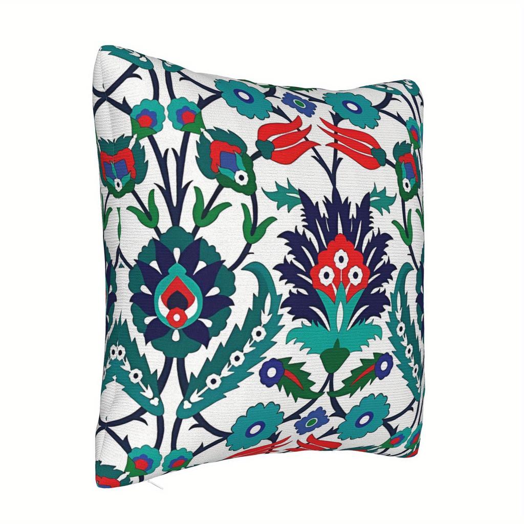 1Pc Beautiful Oriental Iznik Tulip Design Decorative Cushion Cover - Soft, Machine Washable Polyester With Vibrant Red, Blue, An