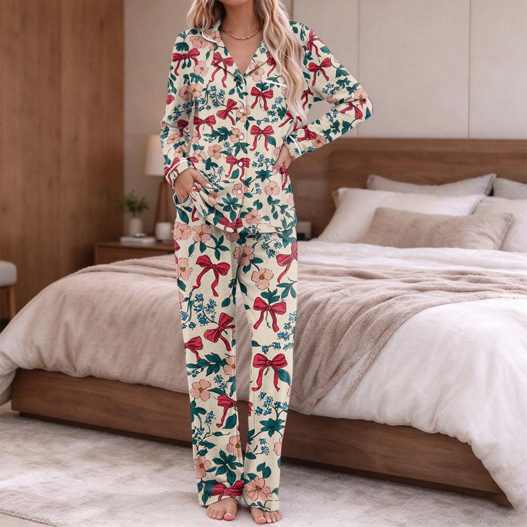 Pigiama da donna stampa alla moda manica lunga top con bottoni tasca pantaloni casa casual colletto a revers scollo a V set due pezzi