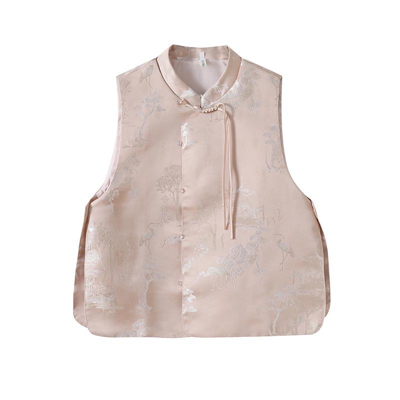 Improved Sleeveless Vest Vintage Crew Neck Button Brocade Jacquard Top Vest