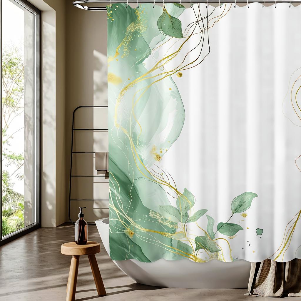 Modern Abstract Leaf Digital Print Shower Curtain – Reversible Polyester with Hooks, for All-Season Bathroom Decor