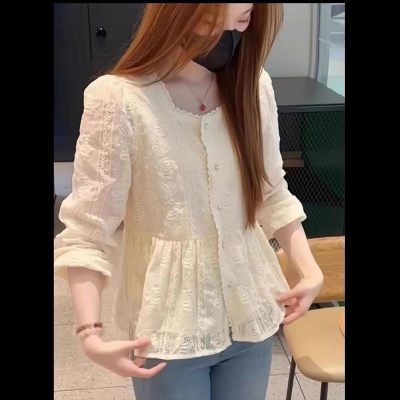 Elegancka Moda Damska Koronkowa Koszula Nowy Kwadratowy Kołnierzyk Luźny Haft Długi Rękaw Bluzka Panie Plus Size Wiosna Jesień Szydełkowa Casualowe Topy