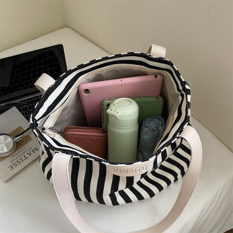 Retro Striped Canvas Tote: Fashionable Large-Capacity Single Shoulder Shopping Bag for Women
