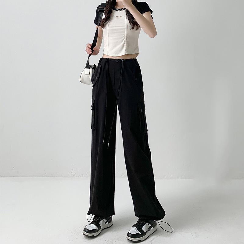 

ITOOLIN женские винтажные прямые брюки с завязками и высокой талией, уличная одежда, брюки-карго, свободные повседневные брюки с карманами для женщин, летние S чёрный