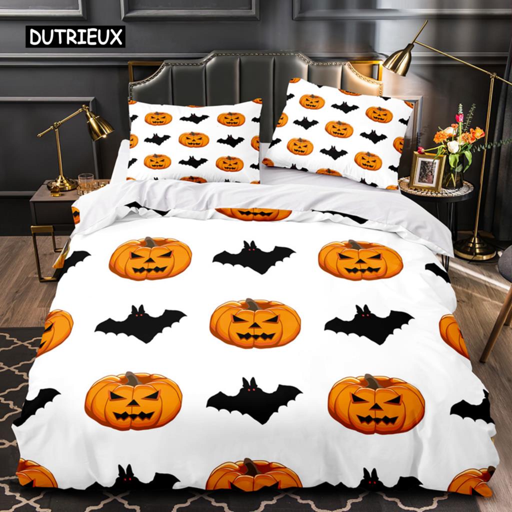 Halloween King Queen Duvet Cover Kawaii Cartoon Skull Bedding Set Kids Boys Orange Pumpkin Skeleton 2/3pcs Polyester Quilt Cover