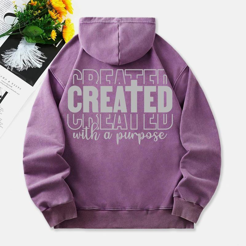 Created With A Purpose Washed Hoodies Women Letter Prints Cotton Streetwears Pocket Oversize Warm Hooded Clothes