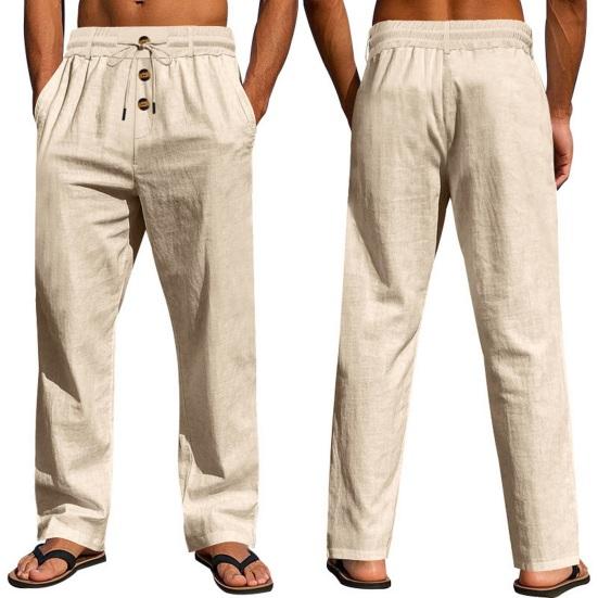 Herren Sommer Leinenhose Lässige Einfarbige Baggy-Hose Strand-Yogahose mit Taschen Elastischer Taille Kordelzug für den Alltag und Urlaub