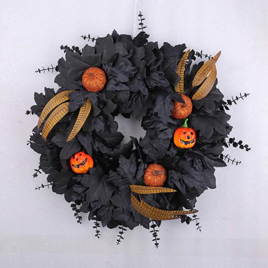 20 Inches Halloween Wreath for Front Door Black Eucalyptus Wreath with Artificial Pumpkin Feather for Indoor Outdoor Wall Window Porch Patio Decor