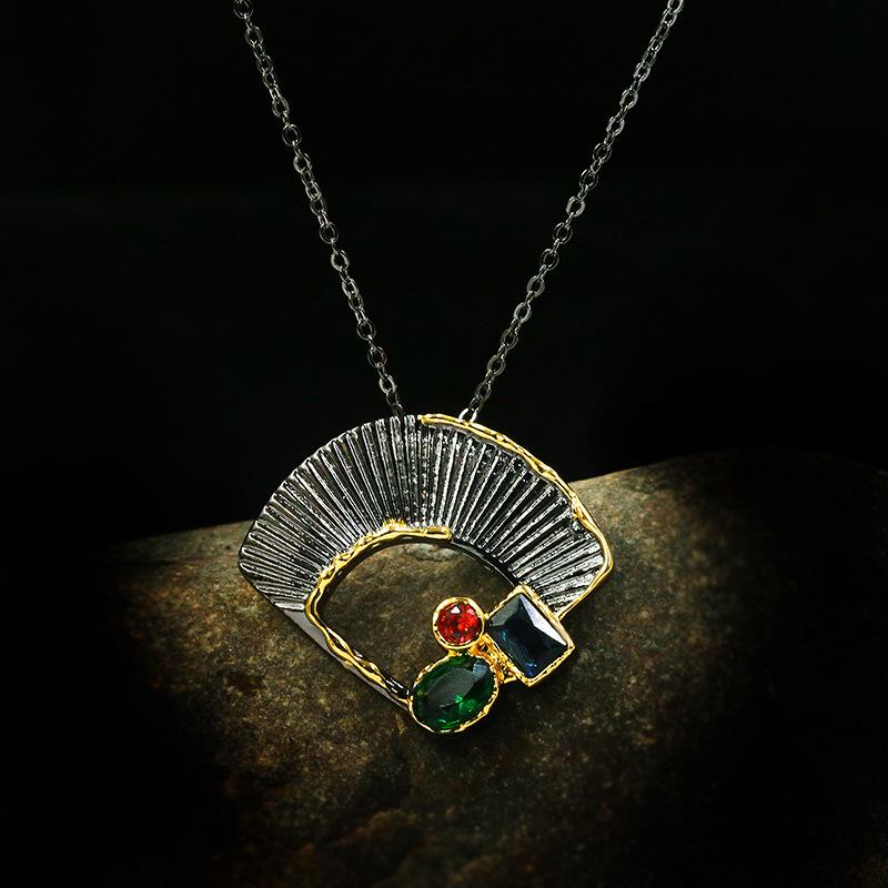 Unique Fashion Ginkgo Leaf Fan-shaped Black Gold Color Zircon 925  Pendant Necklace Lady Jewelry Party Gift