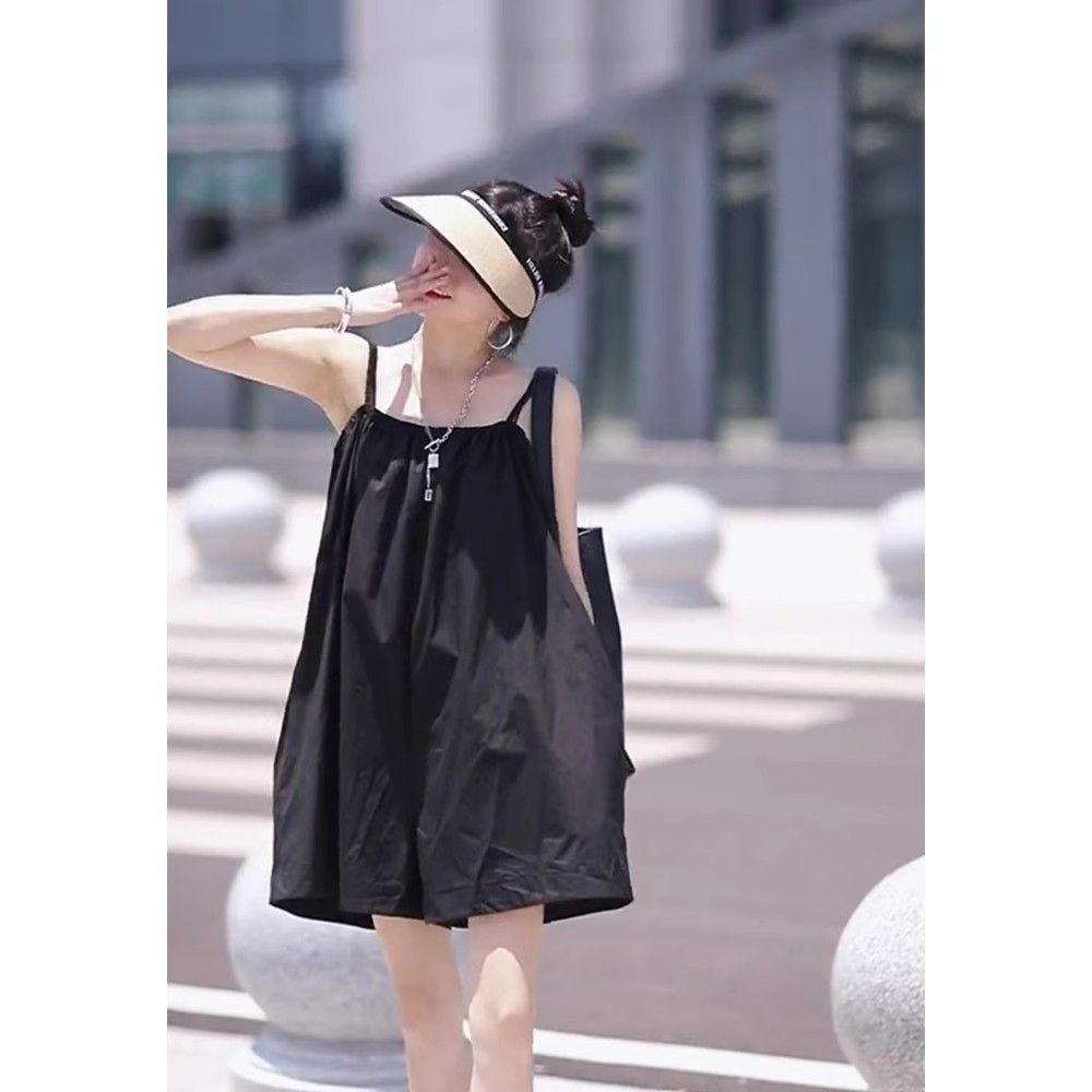 2026 Summer French Style Women s Black Spaghetti Strap Jumpsuit - Casual, Slimming, Wide-Leg Shorts Extra Large