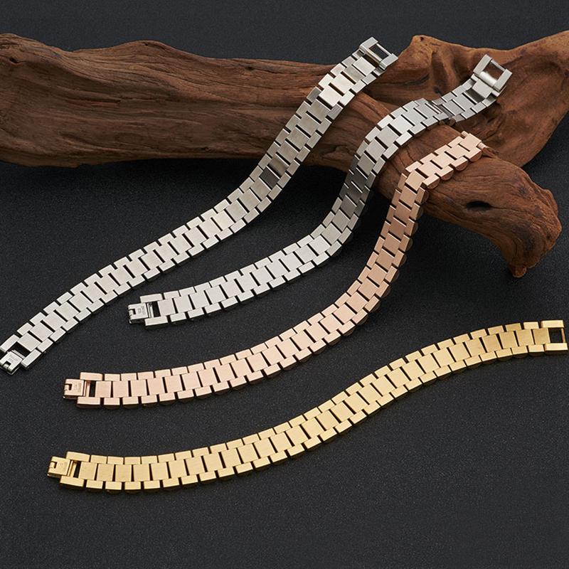 15MM Wide 8/8.86 Inches Long Watch Chain Wristband Men Bracelet for Men Black Gold Tone Stainless Steel Boys Jewellery