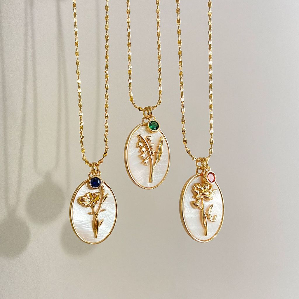 Birthstone Necklace For Women With Mother Of Pearl Flower Pendant And Dangle Charm For Birth Month Gift