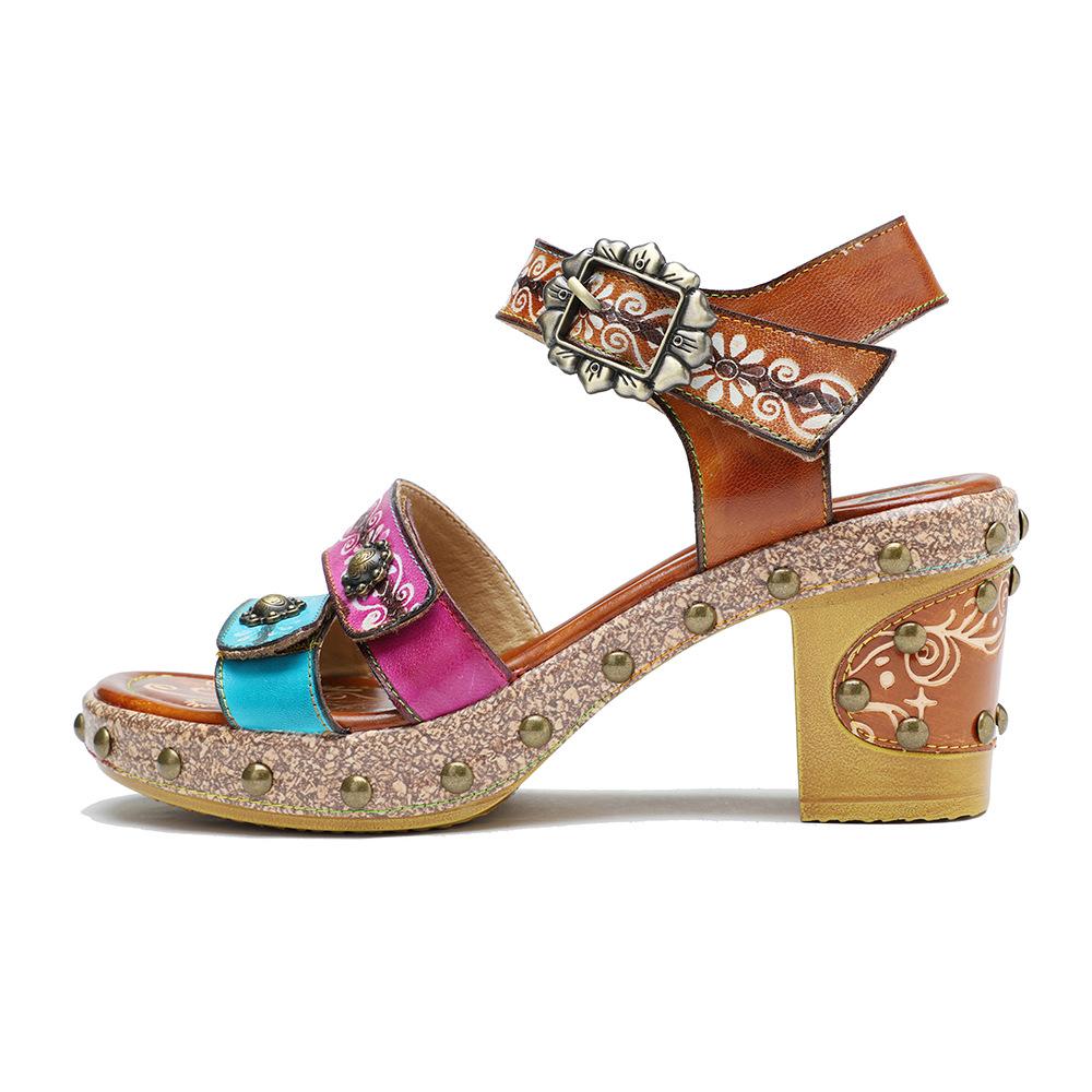 Johnature Genuine Leather Summer Women Shoes Handmade Vintage Rivet Contrast Color Comfortable High Heel Sandals