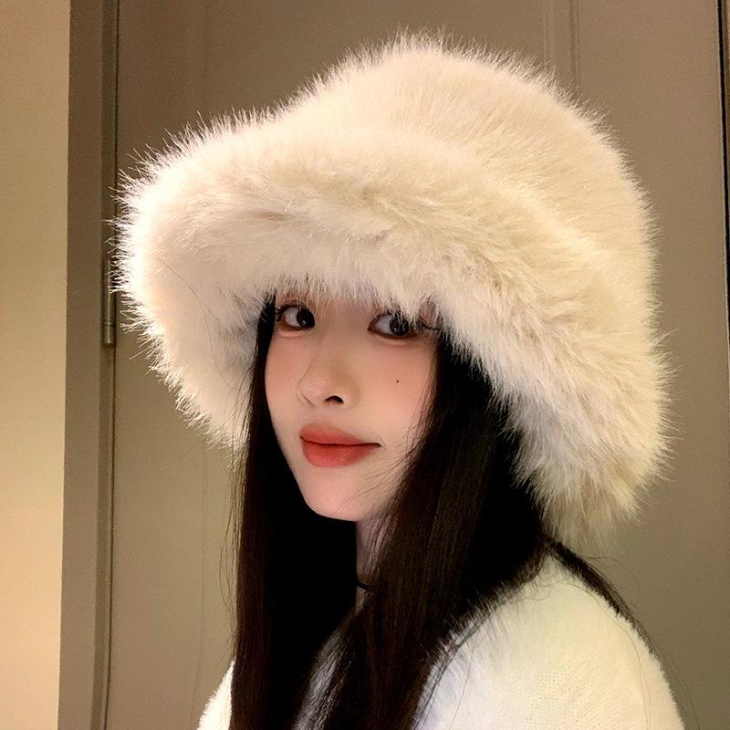 Winter warm advanced sense fluffy big head circumference bucket hat women