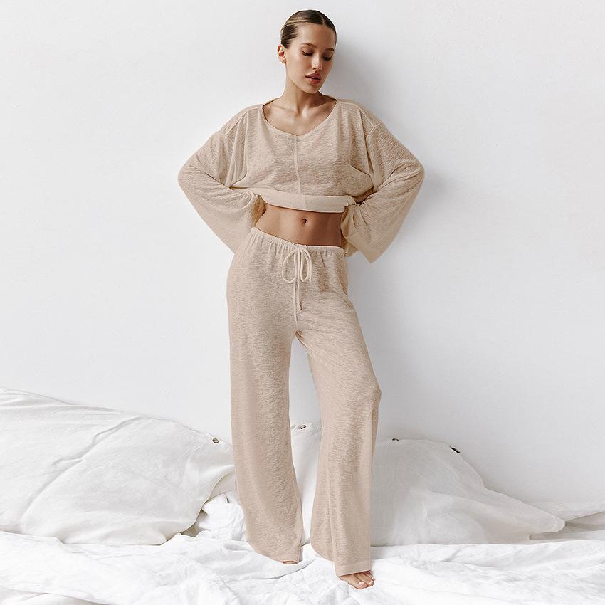 Stylish European American Knit White Round Neck Long Sleeve Pajama Set Soft Skin Friendly Home Service Suit Comfortable Sleepwear