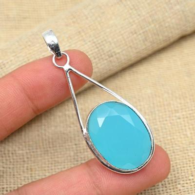 Blue Chalcedony Solid 925 Sterling Silver Handmade Gemstone Jewelry Fancy Pendant