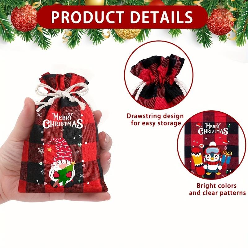 12/24pcs Christmas Burlap Gift Bags with Tags | Buffalo Plaid Drawstring Bags for Xmas Favors, Treats & Candy Goodies