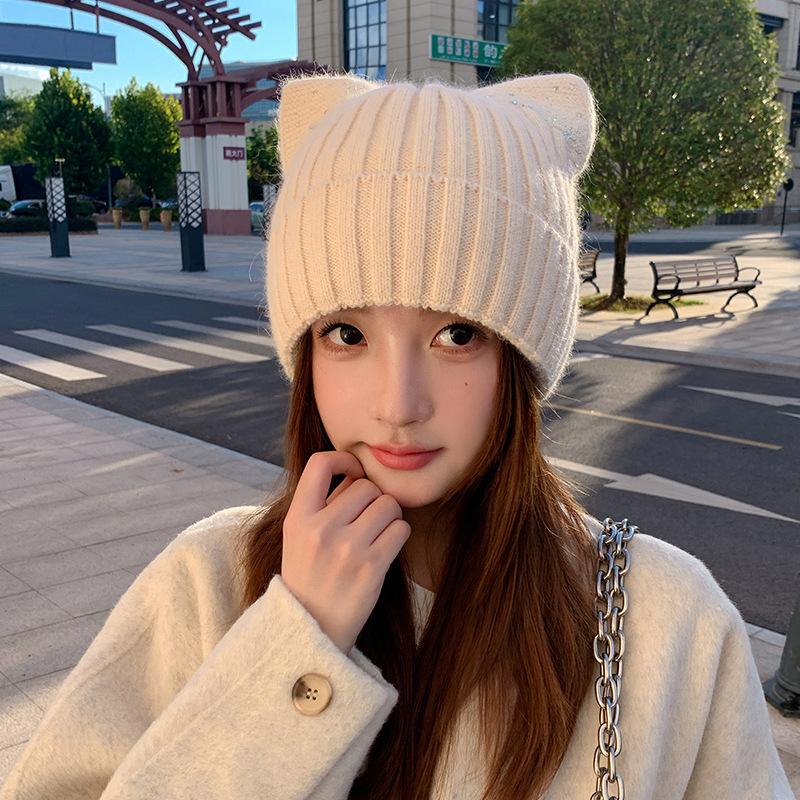 Cat Ear Wool Hat Women's Autumn and Winter New Warm Cute Knitted Hat Casual Hat Soft Warm Pullover for Big Heads, Cute Gift Hat for Cold Weather