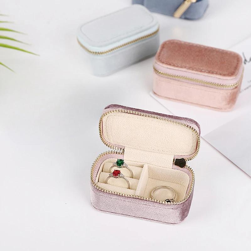 1PCS Mini Velvet Ring Box Single Layer Earrings Necklace Organizer Jewelry Storage Case Candy Color Zipper Bag Travel Portable