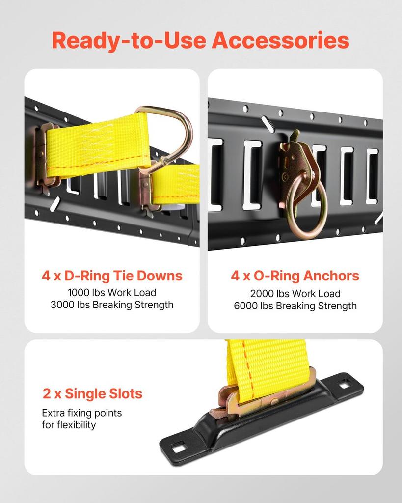 Kit de Rails d'Arrimage E-Track, Lot de 4 Rails E-Track de 0,6 m, 20 Pièces Comprend 2 Sangles à Cliquet & 4 Anneaux en O & 4 Points d'Arrimage avec Anneau en D & 2 Emplacements Simples & 8 Embouts