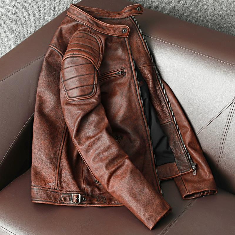 Vintage Genuine Leather Jacket for Men Distressed Short Slim Fit Stand Collar Biker Coat