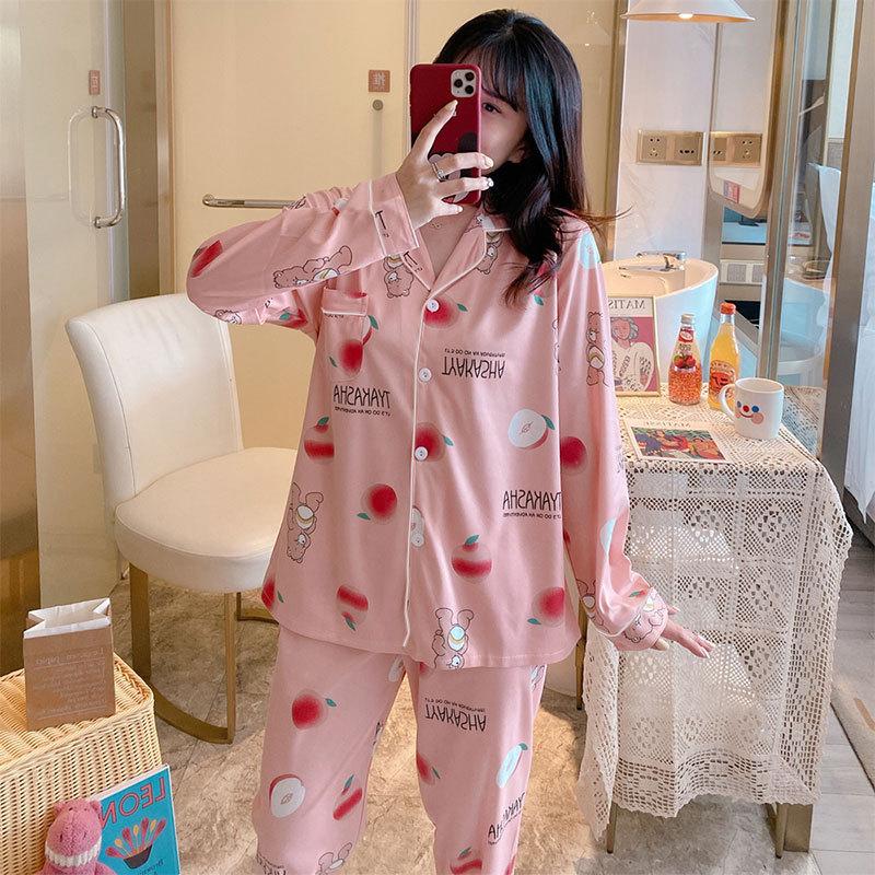 Spring And Autumn Pajamas Women'S Cardigan Long-Sleeved Trousers Korean Girls' Simple Cartoon Loungewear Suit Can Be Worn Outside
