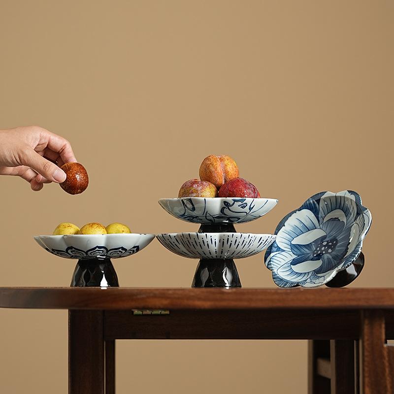 Blue and White Porcelain High Foot Dessert Plate Creative Ceramic Fruit Tray for Tea Room Dry Nuts Snacks Serving Tray