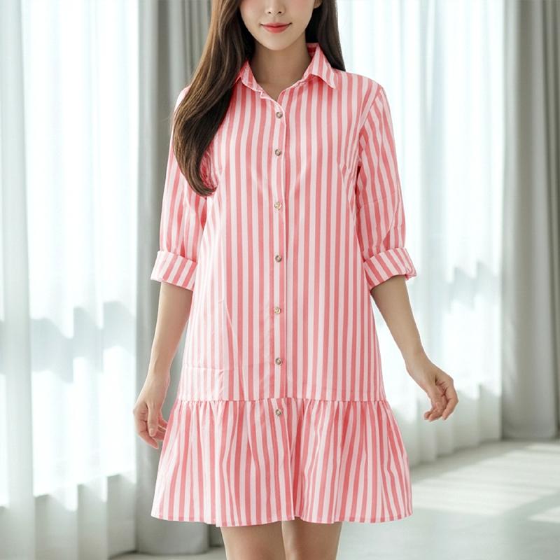 ZANZEA Women Casual Turn Down Collar Loose Long Sleeve Stripe Shirt Dress S