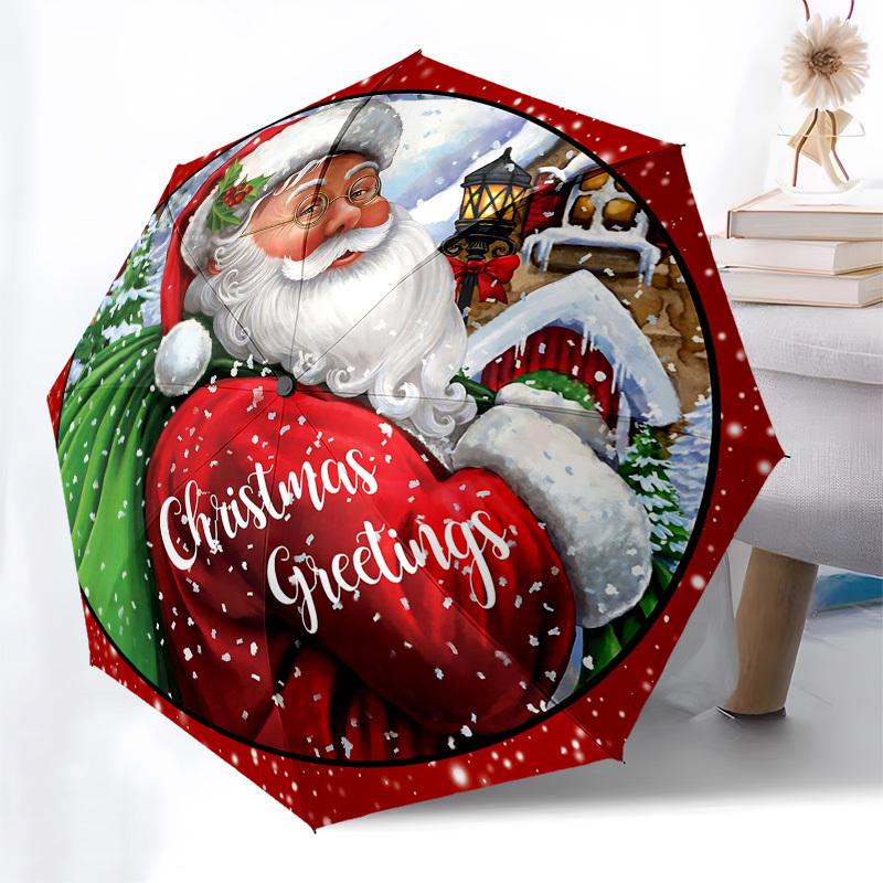 

1pc Christmas Greetings Automatic Opening/Closing Umbrella, Portable Tri-Fold Design with 8-Bone Iron Frame, Outdoor Umbrella, Festive Gift for Fans,