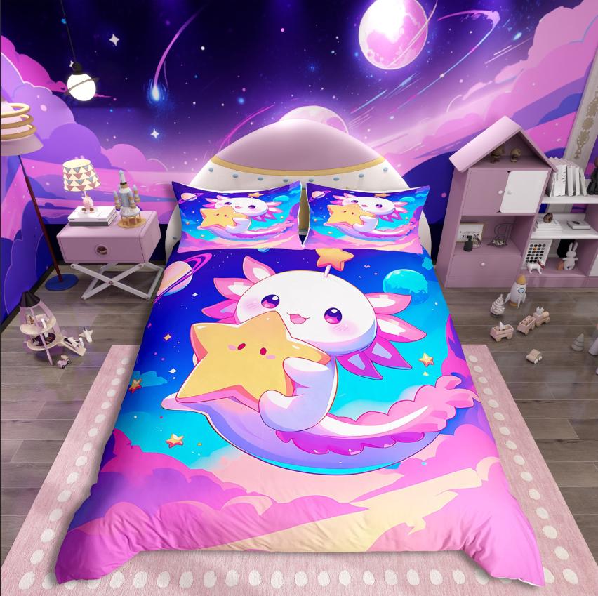 Homewish Cartoon Animal Axolotl Duvet Cover SetFlower Butterfly For Kids Bedding SetKawaii Wildlife Bed Set