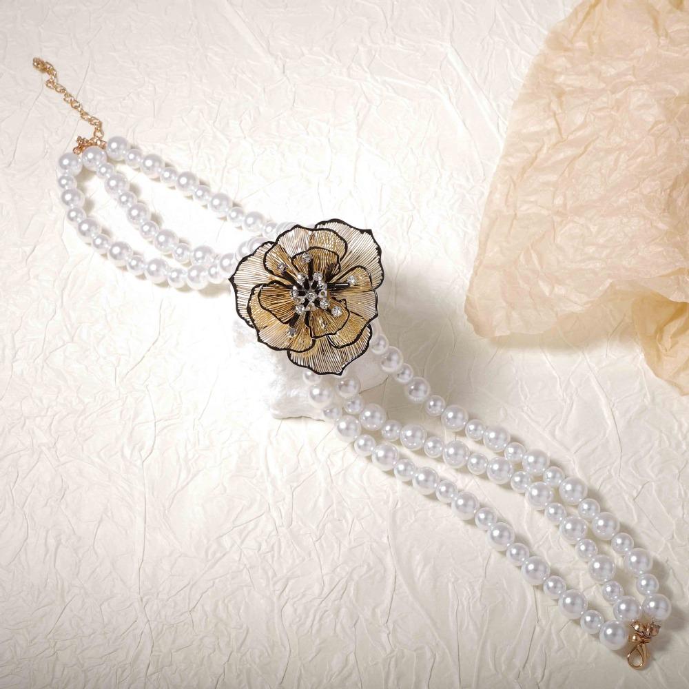 Hand Chain Geometric Lines Necklace Elegant Floral Pearls Ear Studs Girls