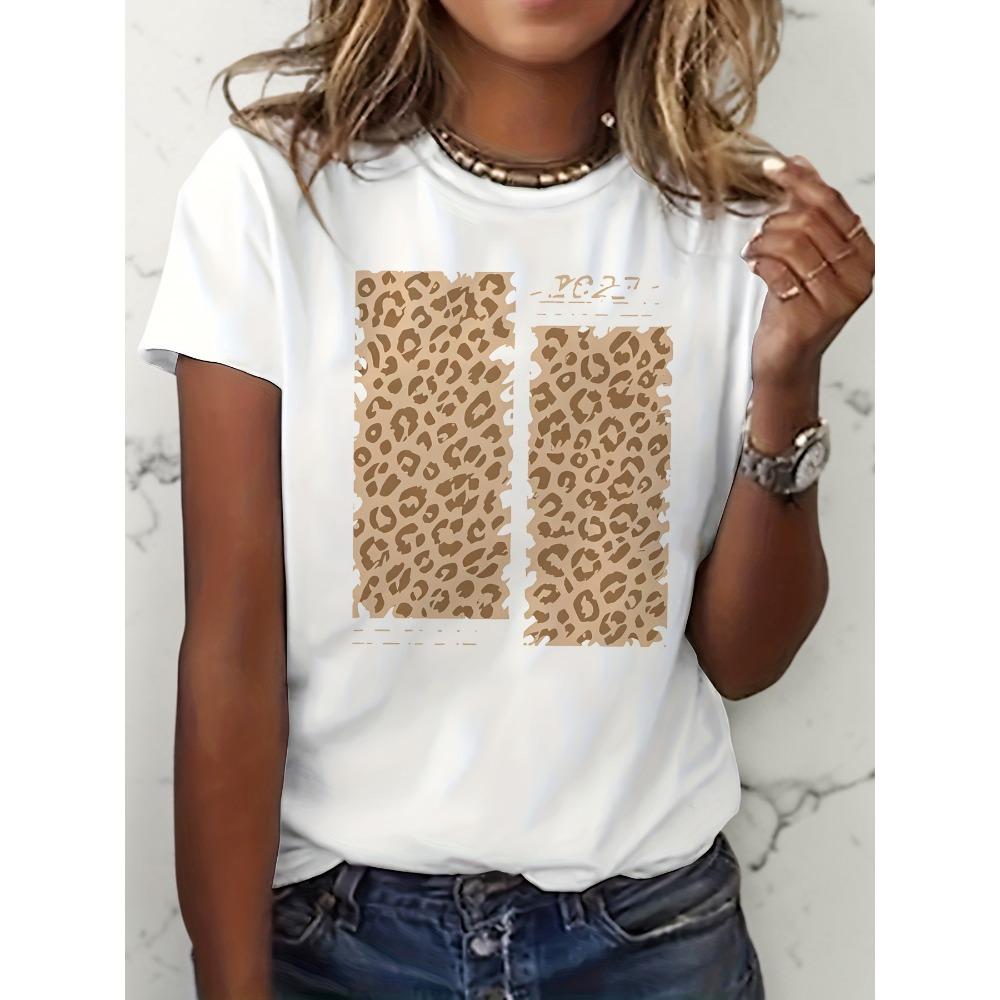 Women s casual leopard print short sleeved T-shirt 2XS