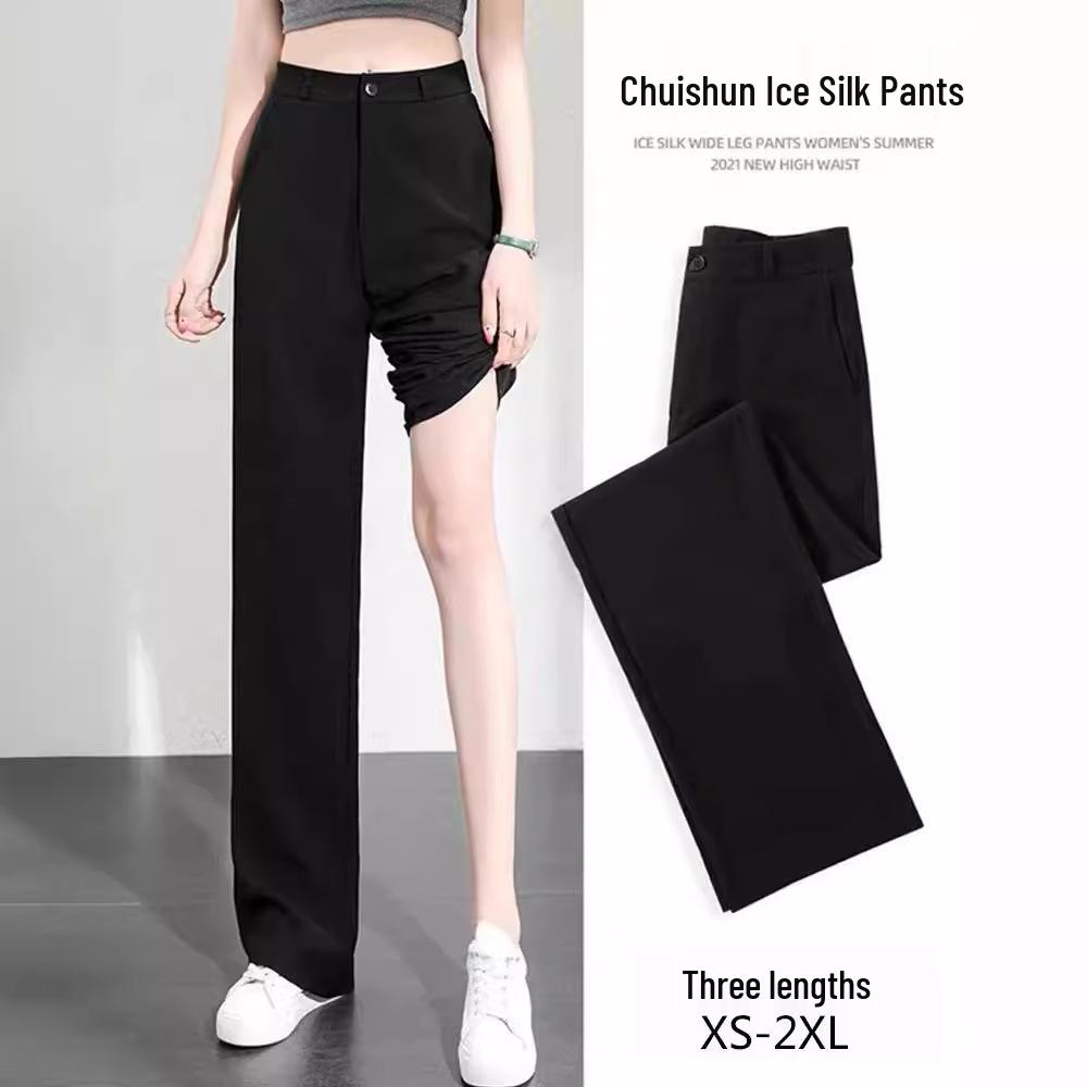 Spodnie damskie garniturowe w kolorze czarnym z wysokim stanem i szerokimi nogawkami na wiosnę i jesień 2023.