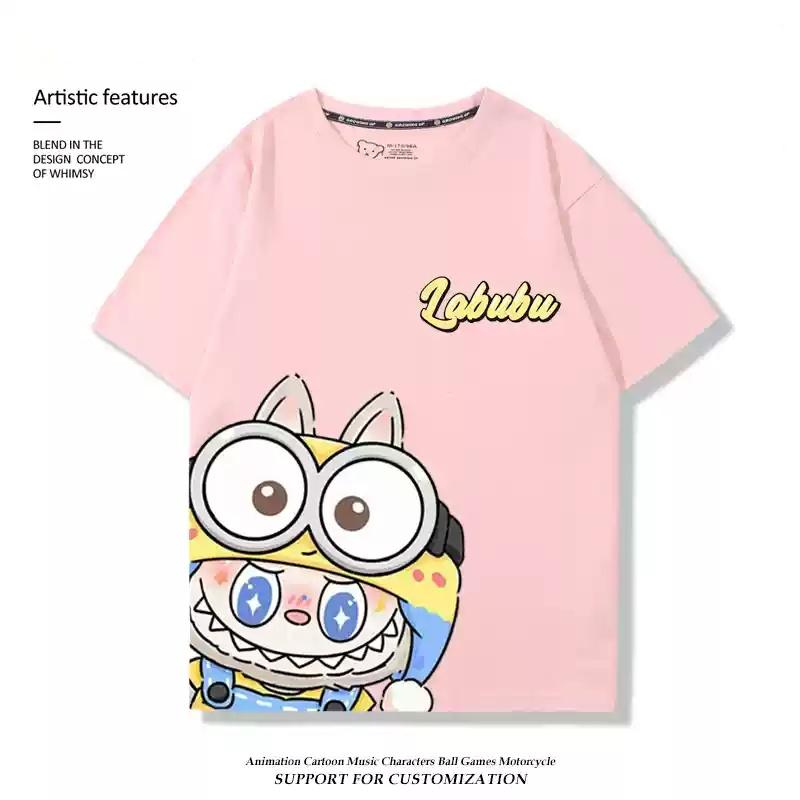 Labubu pink printed T-shirt anime short-sleeved top unisex fashion casual