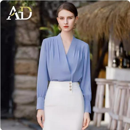

Elegant Women s French V-neck Blue Silky Long-Sleeved Shirt – Goddess Style for Formal Wear Double Extra Large