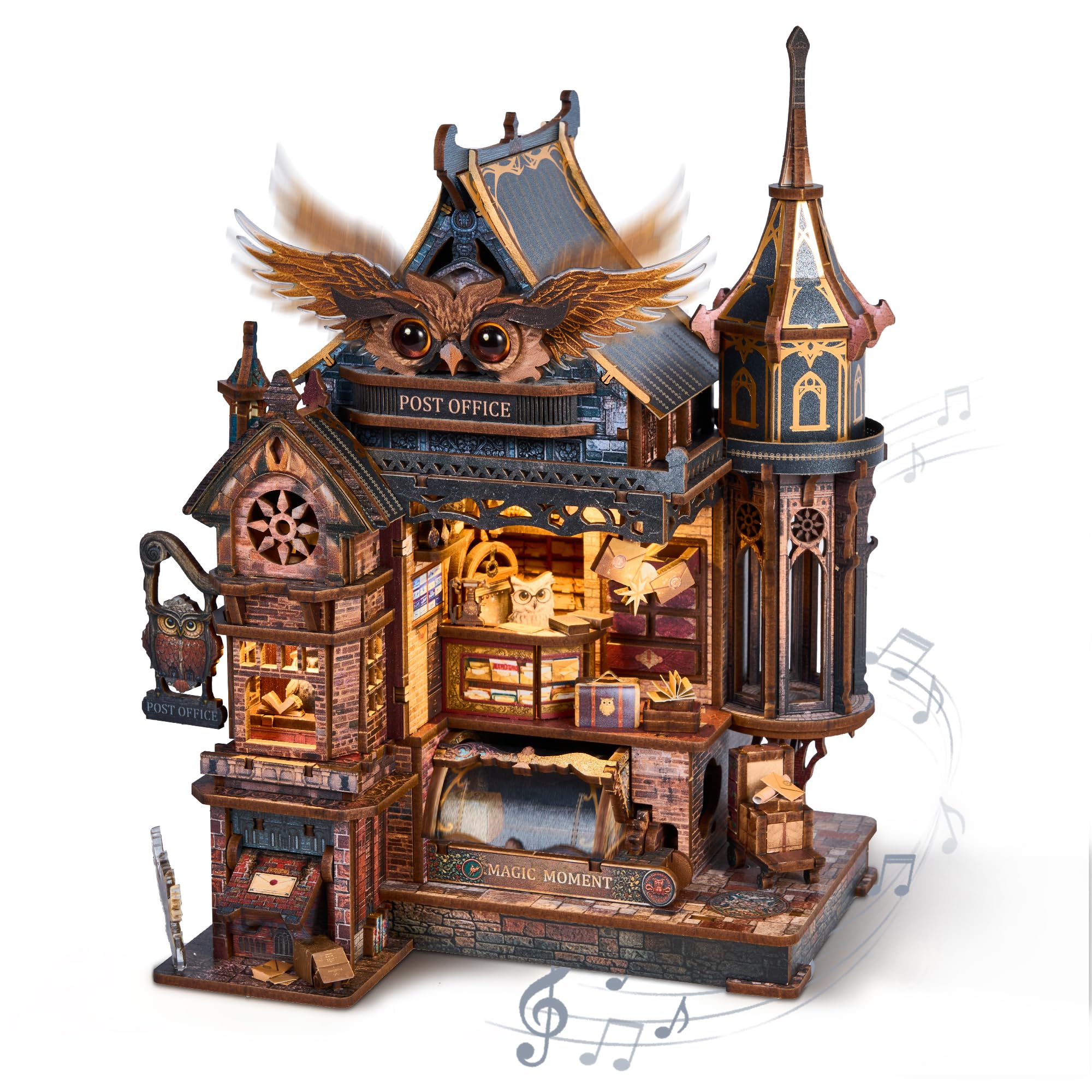 FUNPOLA 3D Puzzle Owl Post Office Magic Post Office Wooden Puzzle 3D Puzzle with Moving Music LED DIY Adult Educational Stylish Interior Birthday 462