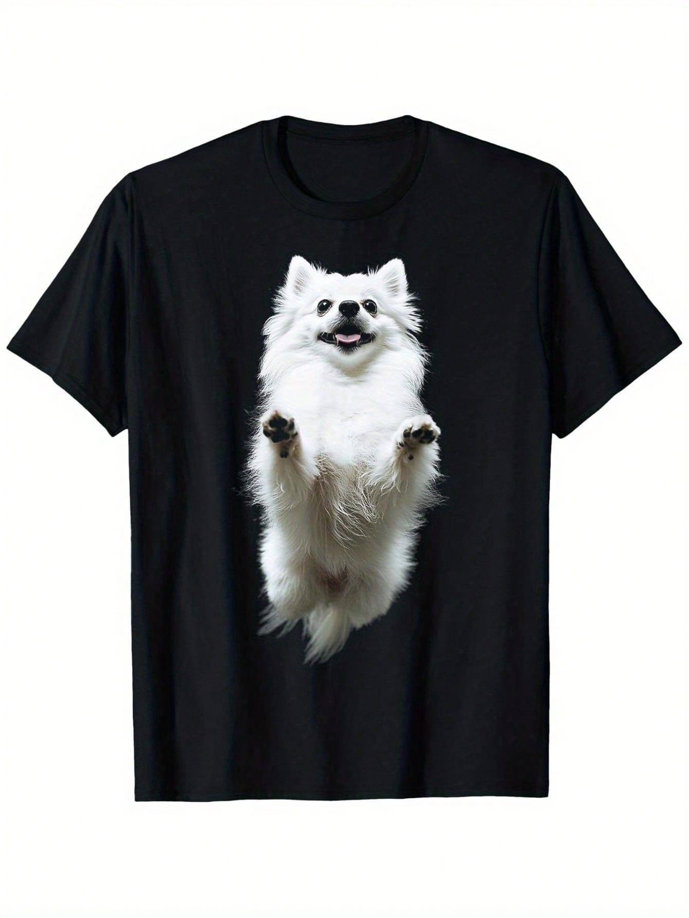 S Humorous Pomeranian Dog Graphic Tee - Adorable White Pomeranian Jumping Design, Soft And Breathable 100% Shirt For Pet Enthusiasts, Casual Wear & Co S разноцветный