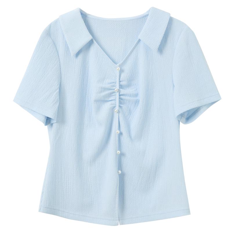 

Sancai Plus Size Textured Pearl Button Short Sleeve T-Shirt M