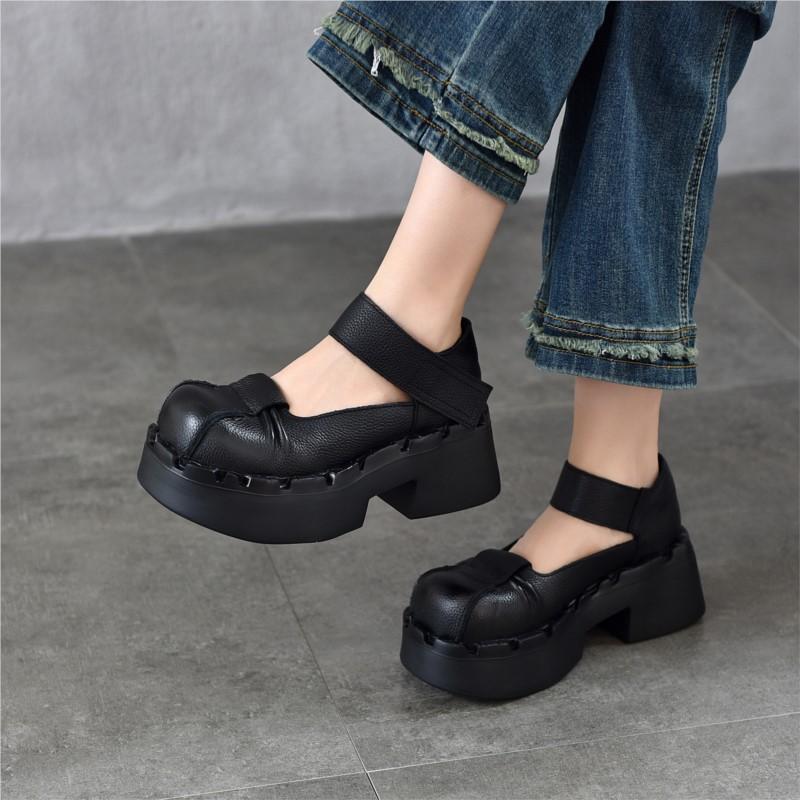 Johnature Thick Soled High Heels Pumps Genuine Leather Retro Round Toe Thick Heeled Women's Shoes