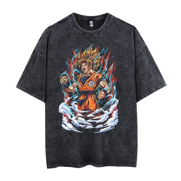 Goku T Shirt Men Acid Wash Anime Super Saiyan Aura Graphic Cotton Vintage Gym Streetwear DBZ Manga Lightning Cloud Print Tee