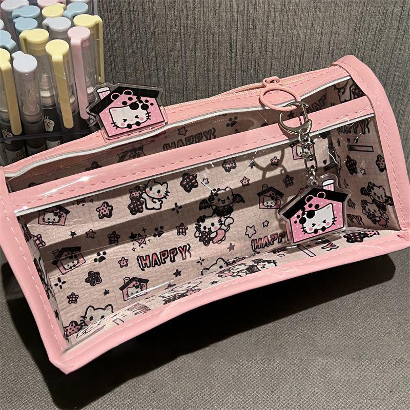Estuche de Lápices Translúcido de Dibujos Animados Multicapa Vertical de Gran Capacidad Bolsa de Almacenamiento de Papelería Suministro Escolar Bolsa de Cosméticos