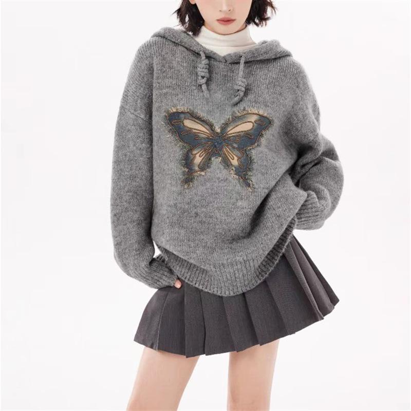 Grauer Pullover Schmetterling Kapuzenstrickpullover Damen 2025 Herbst- und Winterpullover Lässiger Pullover Locker Langärmeliges Oberteil