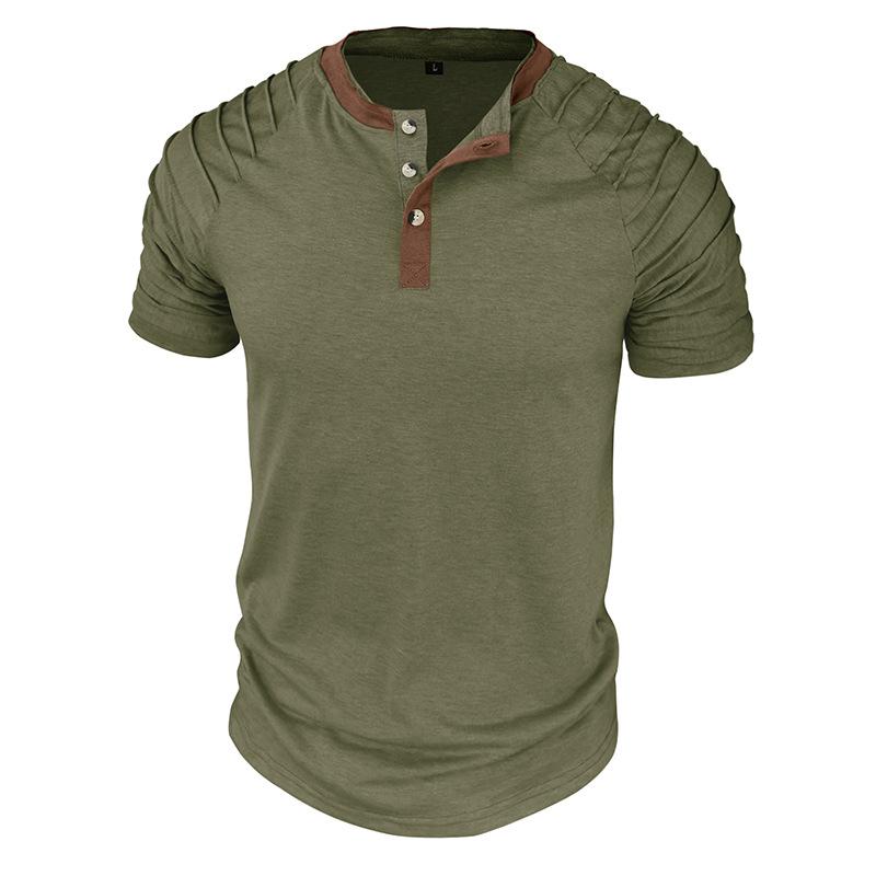 Letni męski T-shirt Henley w bloki kolorów Modny męski T-shirt z krótkim rękawem Top